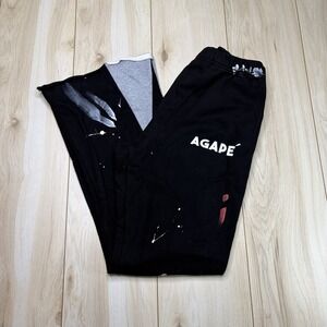 AGAPE Men Flared Sweatpants with Paint Splatter Black Medium Oversized Stretch